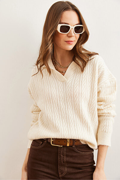 Olalook Жіночий светр екрю поло з коміром, в'язаний трикотажний светр KZK19000881