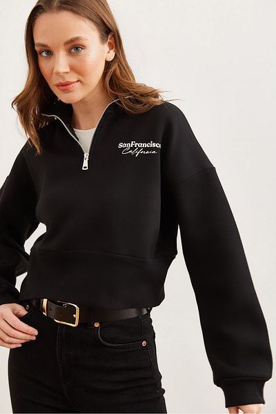 Olalook Μαύρο φούτερ Crop - Stand Collar and Zipper Detailed SWT- 19000699