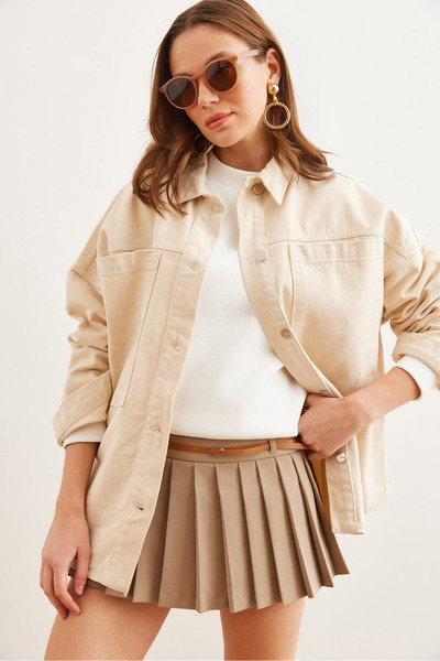 Olalook Women's Stone Bag Pocket Oversize Gabardine Shirt Gml- 19001246