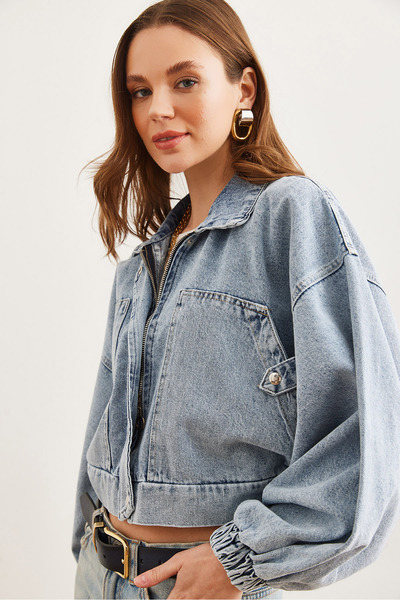 Olalook Jachetă de damă, albastră, cu fermoar, cu mânecă cu balon, crop din denim CKT- 19000404