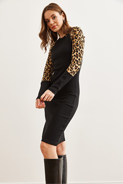 Olalook Жіноча чорна леопардова сукня міді з лайкровою вставкою ELB19002296