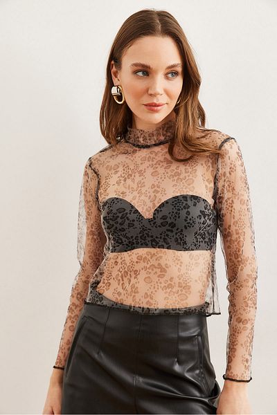 Olalook Women's Ecru Leopard Animal Print Tulle Blouse Blz- 19002768