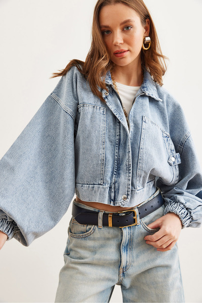 Olalook Jachetă de damă, albastră, cu fermoar, cu mânecă cu balon, crop din denim CKT- 19000404