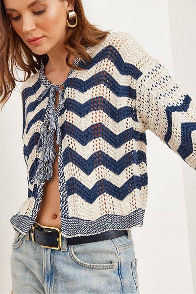 Olalook Women's Ecru Indigo Lace Detailed Openwork Knitwear Cardigan Hrk- 19000319