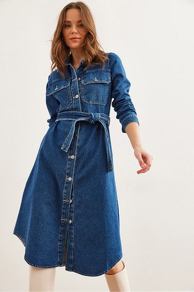 Olalook Rochie de damă albastră cu 4 buzunare, midi, groasă, din denim ELB- 19002291