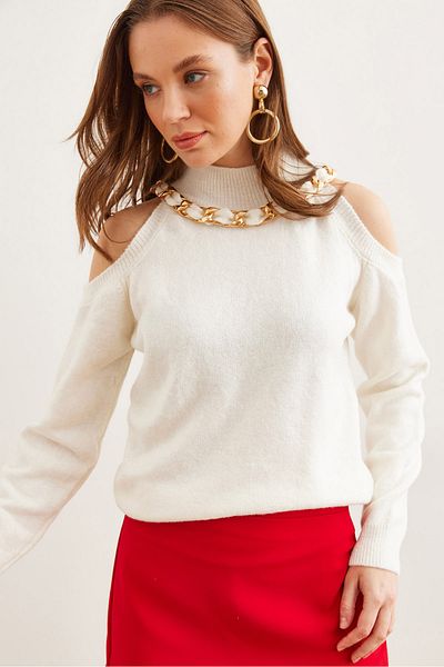 Olalook Women's Ecru Thick Chain Detail Soft Textured Knitwear Sweater Kzk- 19000877