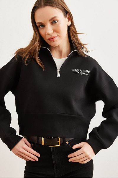 Olalook Μαύρο φούτερ Crop - Stand Collar and Zipper Detailed SWT- 19000699