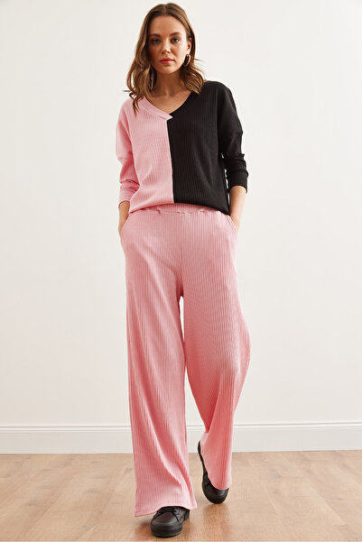 Olalook Pink Soft Textured Women's Wide-Leg Pants with Pockets - Pnt- 19000302