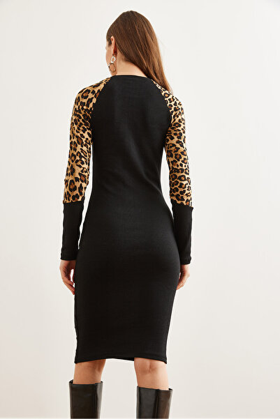Olalook Жіноча чорна леопардова сукня міді з лайкровою вставкою ELB19002296