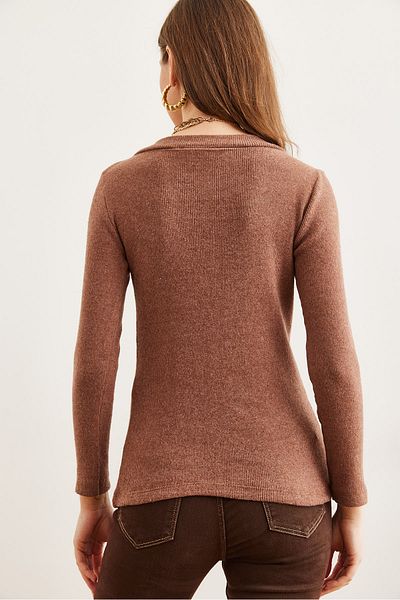 Olalook Women's Chocolate Thick Banded V-Neck Raised Blouse Blz- 19002387