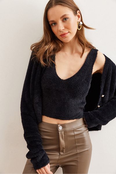 Olalook Women's Black Lingerie Bustier Top Cardigan Bearded Knitwear Set Tkm- 19000306