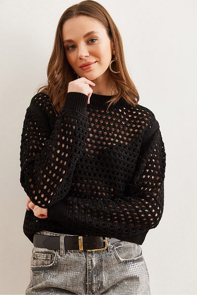 Olalook Pulover de damă negru ajurat cu decolteu triplu KZK- 19000890