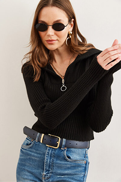 Olalook Pulover de damă, negru, cu guler în picioare, cu fermoar, tricotaj, KZK- 19000880