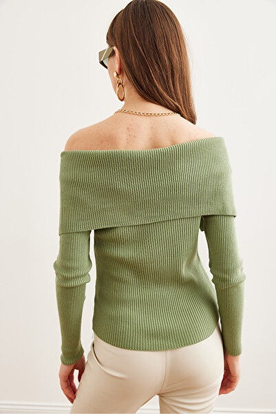 Olalook Green Ribbed Knitwear Sweater - Madonna Collar Kzk- 19000887