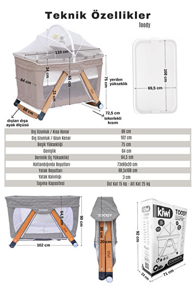 Kiwi Toody All in One Katlanır Tekerlekli Sallanır Sabitlenir Anne Yanı Park Yatak Beşik - Latte