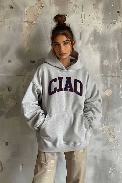 Trendyol Collection Fleece Gray MelangeOversizeHoodedSweatshirt- Slogan, Thick Inner Twoaw25sw00075