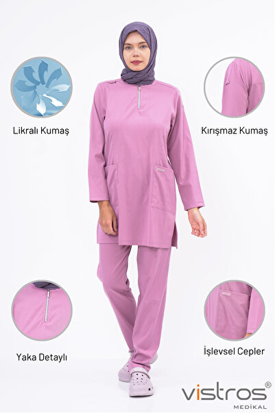 Vistros Medikal Tesettür Likralı Medikal Üniforma Doktor Hemşire Forması Gül ...