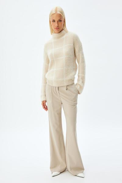 Koton Ecru Plaid Women's Sweater 5Wak90014Ht