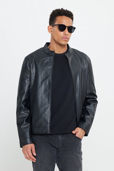 AC&Co / Altınyıldız Classics Ανδρικό μαύρο δερμάτινο μπουφάν με φερμουάρ Standard Fit Κανονική εφαρμογή γιακάς