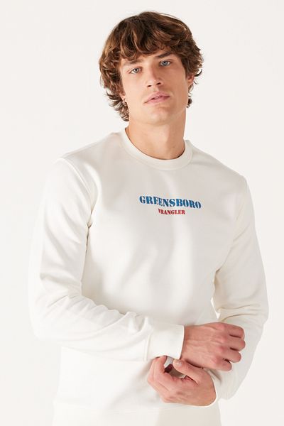 WRANGLER Regular Fit Regular Cut Crew Neck Fleece Inside Off White Sweatshirt
