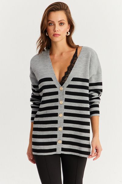 Cool & Sexy Grey-Black Striped Women's Knitwear Cardigan - Cng3