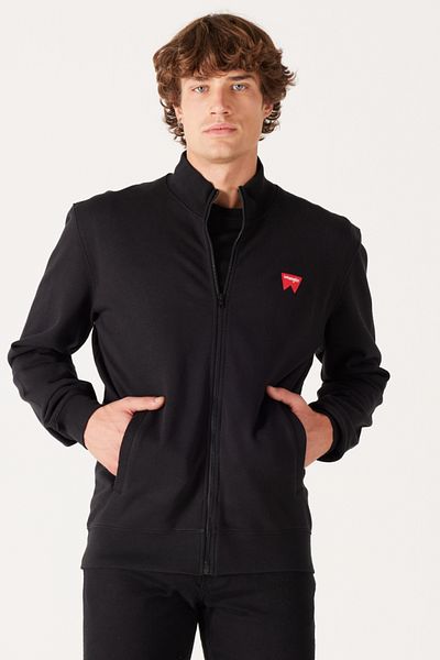WRANGLER Regular Fit Regular Cut 100% Cotton Stand Collar Zippered Black Sweatshirt Jacket