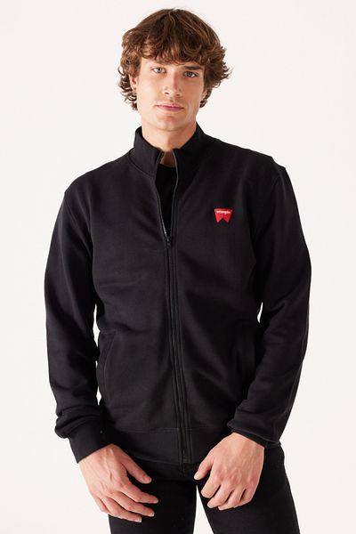 WRANGLER Regular Fit Regular Cut 100% Cotton Stand Collar Zippered Black Sweatshirt Jacket