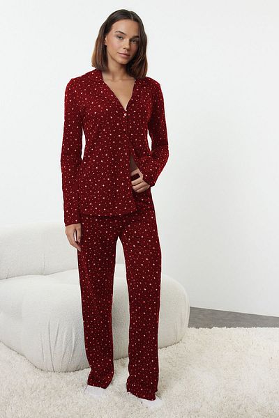 Trendyol Collection Bordová 100% bavlna Galaxy Print Pletené pyžamo Set Thmaw25Pt00097