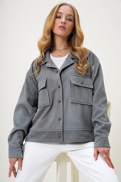 Trend Alaçatı Stili سترة نسائية رمادية مبطنة بجيب مزدوج ALC-X13269