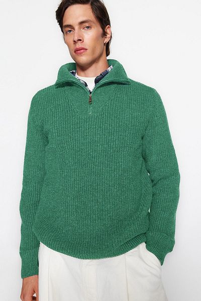 Trendyol Collection Mintfarbener Rollkragenpullover aus Wolle mit normaler Passform und Reißverschluss TMNAW22KZ0347