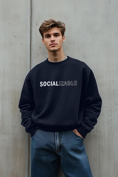 Trendyol Collection Sötétkék polár túlméretes pulóver - szlogennyomat, TMNAW23SW00478