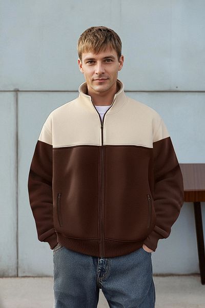 Trendyol Collection Hnědo-béžová mikina na zip s dlouhým rukávem Regular Fit - TMNAW22SW0720