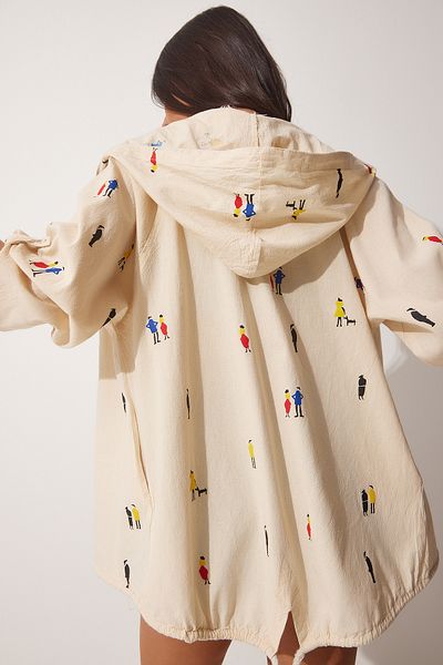Happiness İstanbul Cremefarbene bedruckte Jacke aus Rohleinen mit Kapuze für Damen SA00014