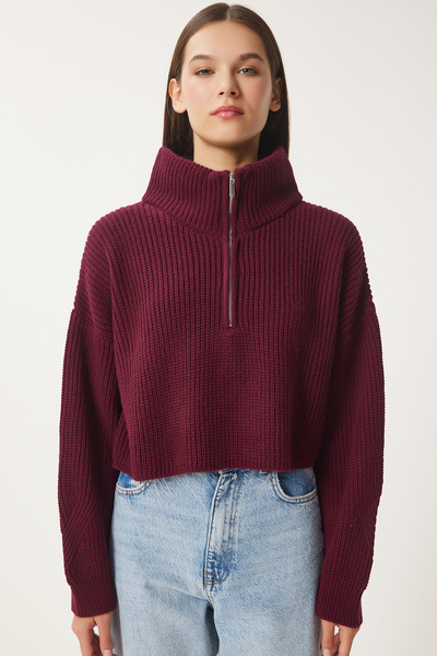 Happiness İstanbul Kadın Bordo Fermuarlı Balıkçı Yaka Triko Kazak MX00124