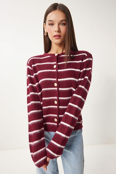 Happiness İstanbul Women's Burgundy Bone Stylish Buttoned Striped Knitwear Cardigan Pf00051