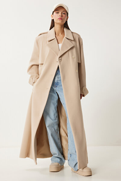 Happiness İstanbul Μπεζ Premium Oversize Γυναικείο Παλτό - FN03441