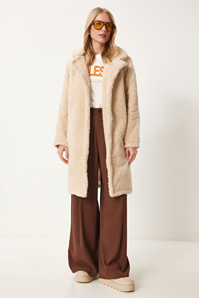 Happiness İstanbul Płaszcz damski beżowy z kołnierzem warstwowym i pluszem Zh00009