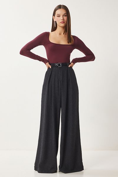 Happiness İstanbul Women's Anthracite Palazzo Woven Trousers Fn03423