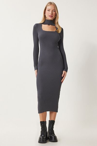 Happiness İstanbul Women's Smoked Cut Out Detailed Stand Collar Ribbed Knitwear Dress Fn03388