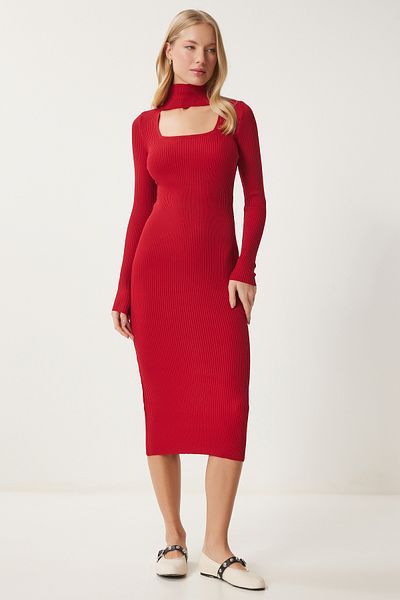 Happiness İstanbul Women's Red Cut Out Detailed Stand Collar Ribbed Knitwear Dress Fn03388
