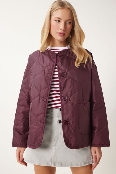 Happiness İstanbul Burgunderrote Steppjacke mit breiter Tasche für Damen FN03395