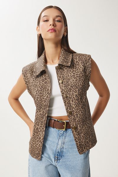 Happiness İstanbul Nerzbraune Damen-Jeansweste mit Leopardenmuster und Hemdkragen FN03418