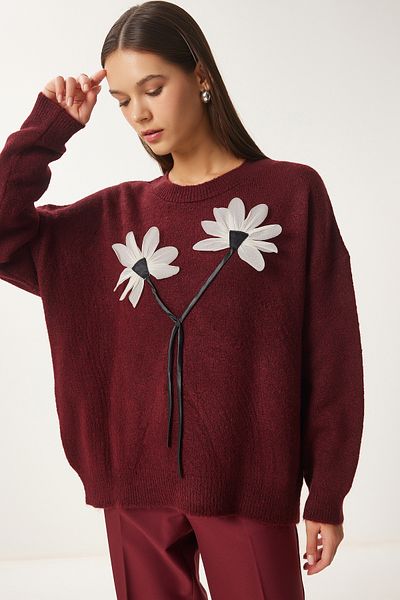 Happiness İstanbul Damen-Strickpullover mit Blumenmuster in Burgunderrot PF00103