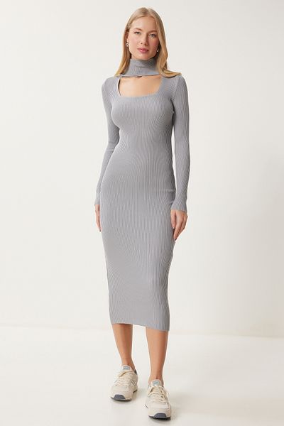 Happiness İstanbul Women's Gray Cut Out Detailed Stand Collar Ribbed Knitwear Dress Fn03388