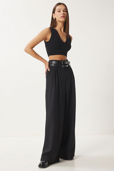 Happiness İstanbul Women's Black Double Belted Loose Culotte Pants Fn03414