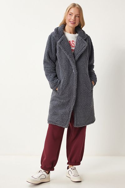 Happiness İstanbul Women's Anthracite Layered Collar Plush Coat Zh00009