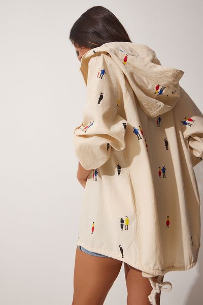 Happiness İstanbul Cremefarbene bedruckte Jacke aus Rohleinen mit Kapuze für Damen SA00014