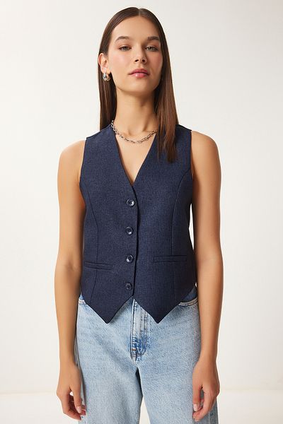 Happiness İstanbul Marineblaue Webweste mit Wolleffekt für Damen GP00014