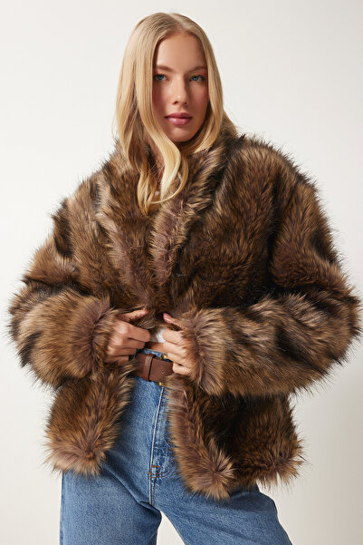 Happiness İstanbul Jachetă de damă din nurcă cu guler șal de blană artificială FN03394