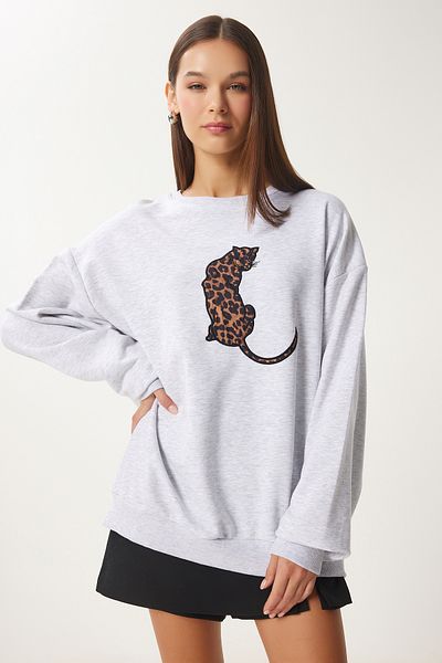 Happiness İstanbul Gray Leopard Embroidered Oversize Women's Sweetshirt - Fn03428